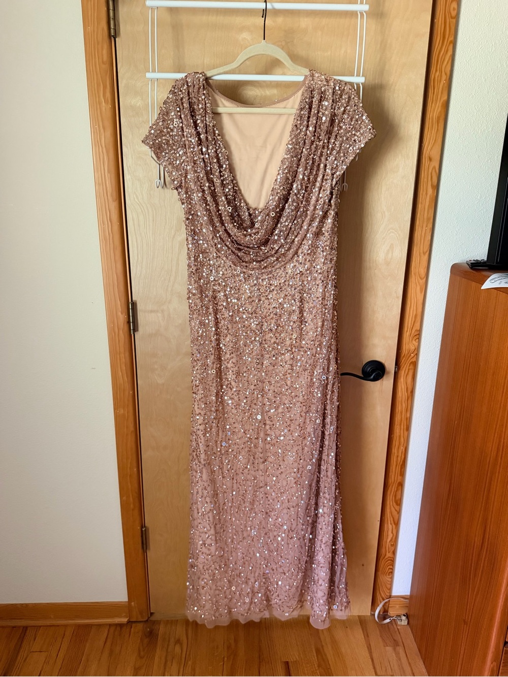 Adriana Papell Rose Gold Sequin Short Sleeve Evening Dress - Picture 4 of 7